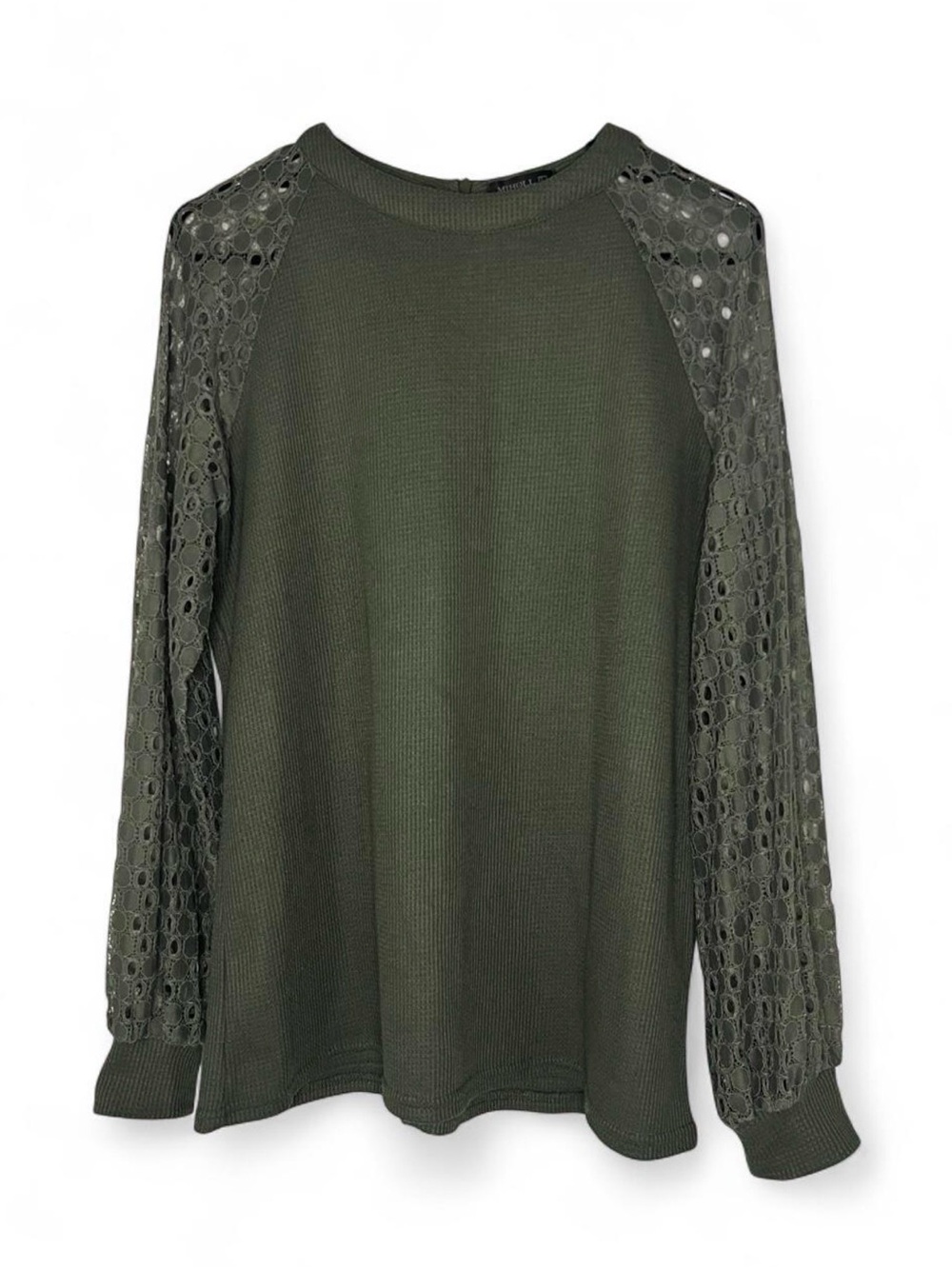 Olive Long Sleeve Knit Top with Crochet Lace Sleeves